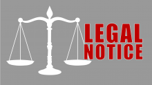 Image Description: White Scale of Justice on gray background. Text in red reads: Legal Notice